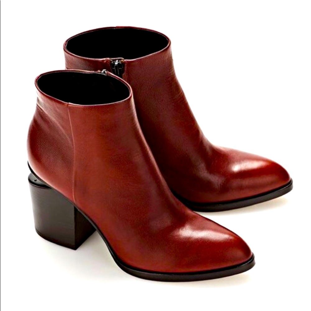 Deep Red Leather Zip Up Mid Rise Ankle Booties